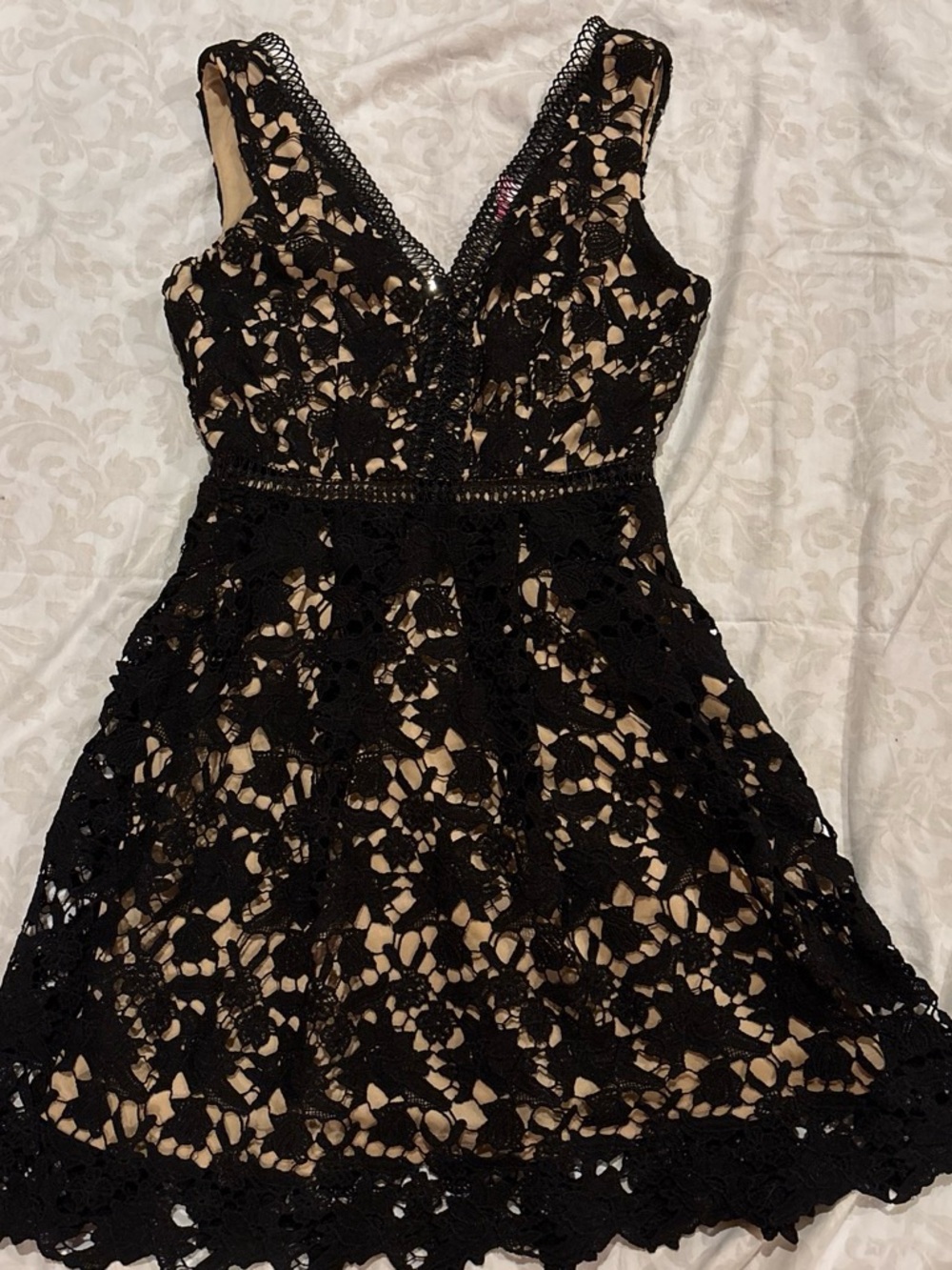 Alya Black Floral Lace Mini Dress with Nude Lining